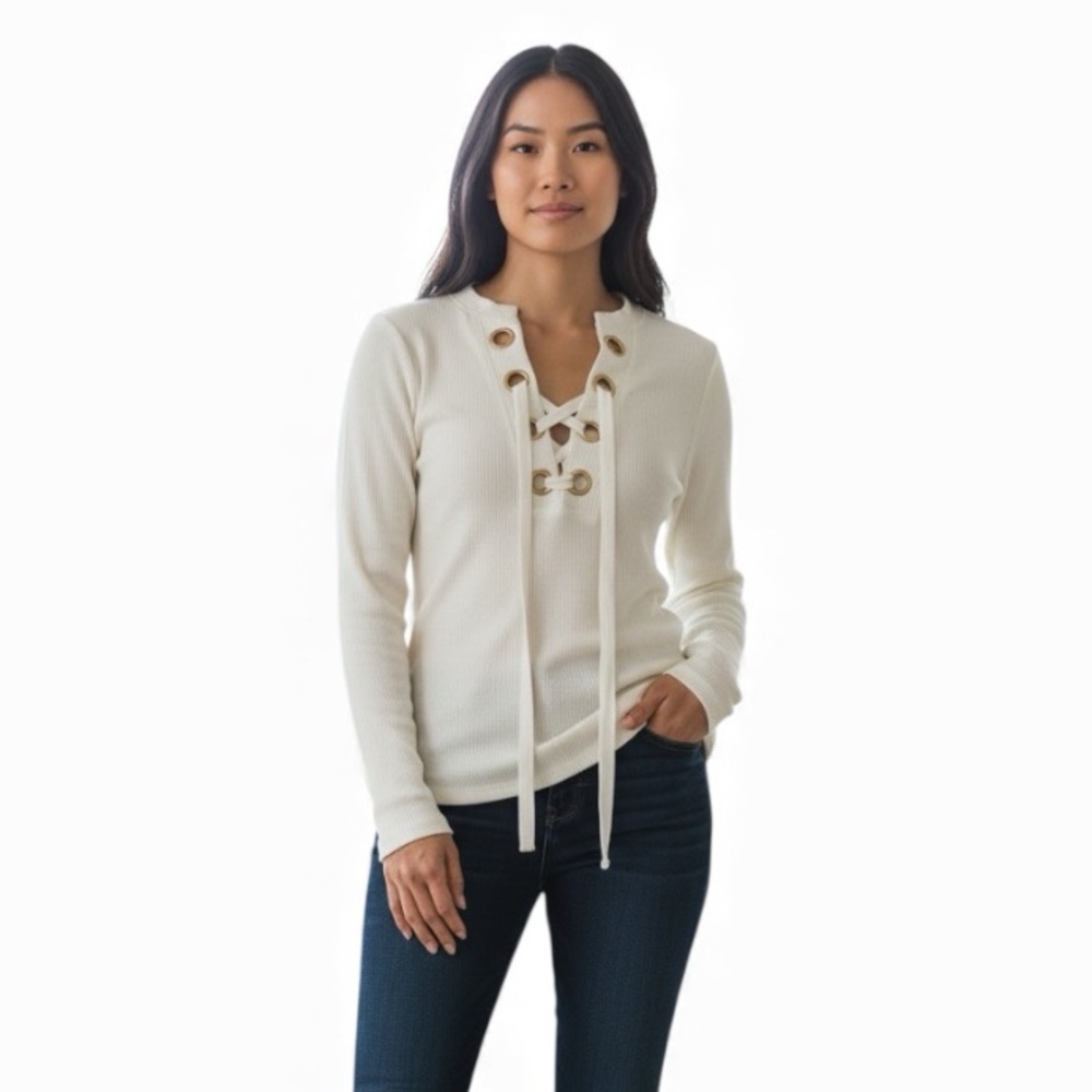 Derek Lam 10 Crosby Intermix sweater ribbed Lace-Up Ivory Cream pullover Size M